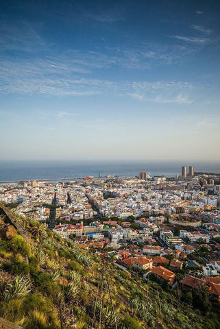 Canary Islands-Tenerife Island-Santa Cruz de Tenerife-elevated view of city and port-late afternoon White Modern Wood Framed Art Print with Double Matting by Bibikow, Walter