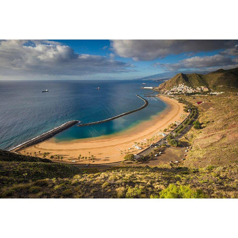 Canary Islands-Tenerife Island-San Andres-elevated view of beach town Black Modern Wood Framed Art Print with Double Matting by Bibikow, Walter