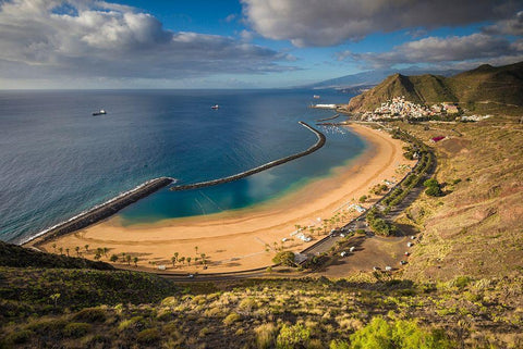 Canary Islands-Tenerife Island-San Andres-elevated view of beach town White Modern Wood Framed Art Print with Double Matting by Bibikow, Walter
