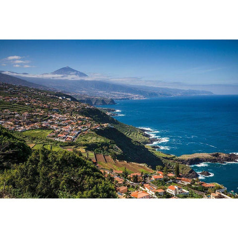 Canary Islands-Tenerife Island-El Sauzal-elevated view of the west coast and El Teide Mountain Black Modern Wood Framed Art Print by Bibikow, Walter