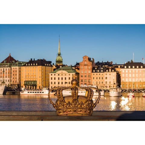 Sweden-Stockholm-Gamla Stan-Old Town-old town skyline and crown on the Skeppsholmsbron bridge Black Modern Wood Framed Art Print by Bibikow, Walter