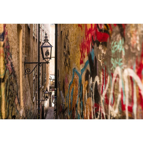 Sweden-Stockholm-Gamla Stan-Old Town-Marten Trotzigs Grand-narrowest street in Stockholm White Modern Wood Framed Art Print by Bibikow, Walter