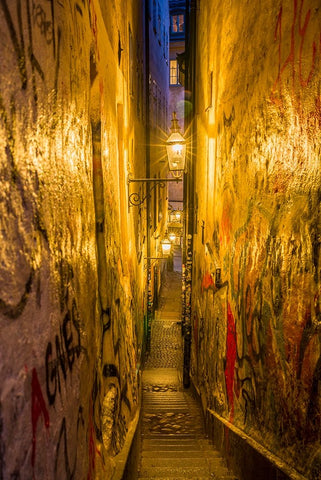 Sweden-Stockholm-Gamla Stan-Old Town-Marten Trotzigs Grand-narrowest street in Stockholm-evening White Modern Wood Framed Art Print with Double Matting by Bibikow, Walter