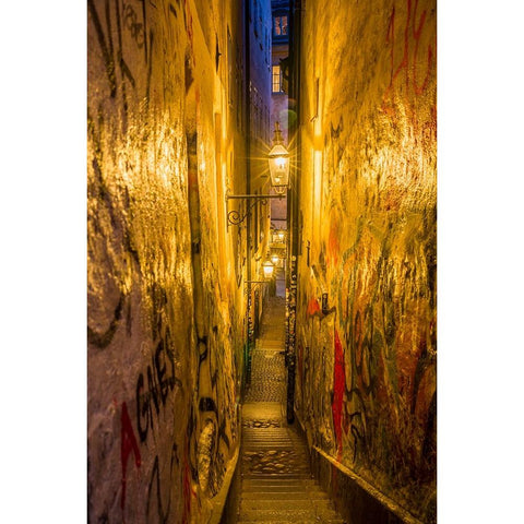 Sweden-Stockholm-Gamla Stan-Old Town-Marten Trotzigs Grand-narrowest street in Stockholm-evening Black Modern Wood Framed Art Print with Double Matting by Bibikow, Walter