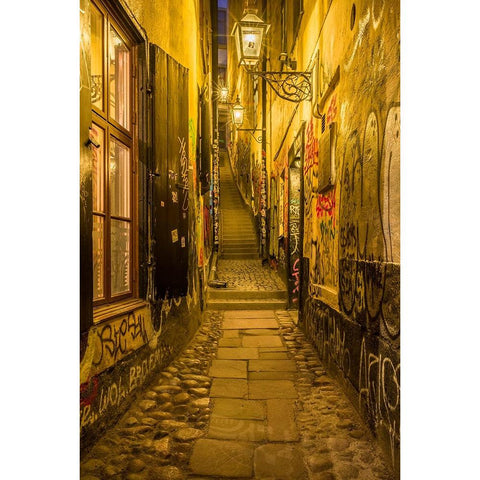 Sweden-Stockholm-Gamla Stan-Old Town-Marten Trotzigs Grand-narrowest street in Stockholm-evening Black Modern Wood Framed Art Print by Bibikow, Walter