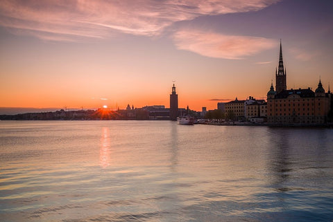 Sweden-Stockholm-Stockholm City Hall and Riddarholmen church-sunset White Modern Wood Framed Art Print with Double Matting by Bibikow, Walter