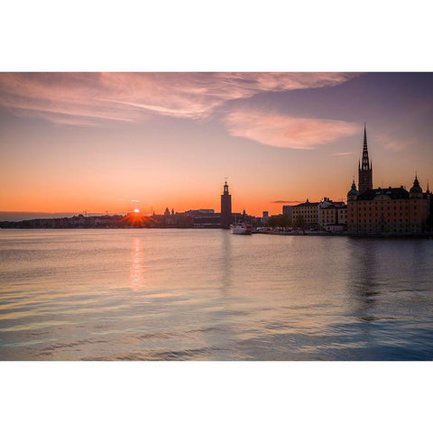 Sweden-Stockholm-Stockholm City Hall and Riddarholmen church-sunset White Modern Wood Framed Art Print by Bibikow, Walter