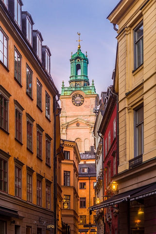 Sweden-Stockholm-Gamla Stan-Old Town-Storkyrkan Cathedral-dusk White Modern Wood Framed Art Print with Double Matting by Bibikow, Walter