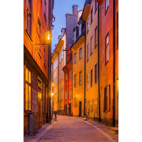 Sweden-Stockholm-Gamla Stan-Old Town-Royal Palace-old town street-dusk Black Modern Wood Framed Art Print by Bibikow, Walter
