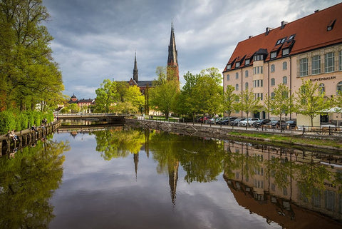 Sweden-Central Sweden-Uppsala-Domkyrka Cathedral-reflection Black Ornate Wood Framed Art Print with Double Matting by Bibikow, Walter
