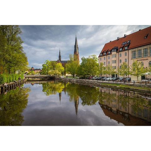 Sweden-Central Sweden-Uppsala-Domkyrka Cathedral-reflection Black Modern Wood Framed Art Print by Bibikow, Walter