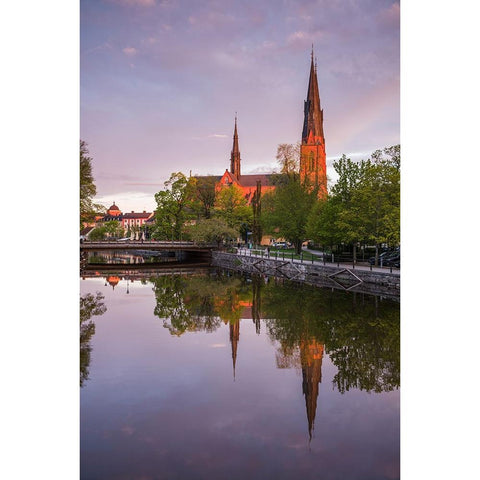 Sweden-Central Sweden-Uppsala-Domkyrka Cathedral-reflection-dusk Black Modern Wood Framed Art Print by Bibikow, Walter