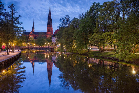 Sweden-Central Sweden-Uppsala-Domkyrka Cathedral-reflection-dusk Black Ornate Wood Framed Art Print with Double Matting by Bibikow, Walter
