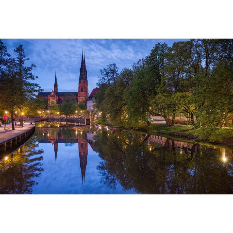 Sweden-Central Sweden-Uppsala-Domkyrka Cathedral-reflection-dusk Black Modern Wood Framed Art Print by Bibikow, Walter