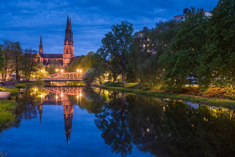 Sweden-Central Sweden-Uppsala-Domkyrka Cathedral-reflection-dusk White Modern Wood Framed Art Print with Double Matting by Bibikow, Walter