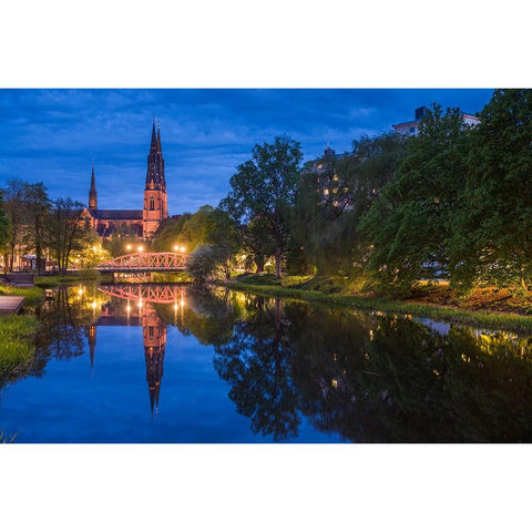 Sweden-Central Sweden-Uppsala-Domkyrka Cathedral-reflection-dusk Black Modern Wood Framed Art Print by Bibikow, Walter