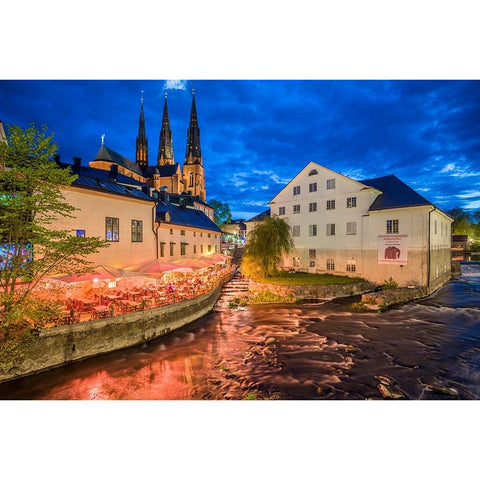 Sweden-Central Sweden-Uppsala-Domkyrka Cathedral with riverfront cafe-dusk Black Modern Wood Framed Art Print by Bibikow, Walter