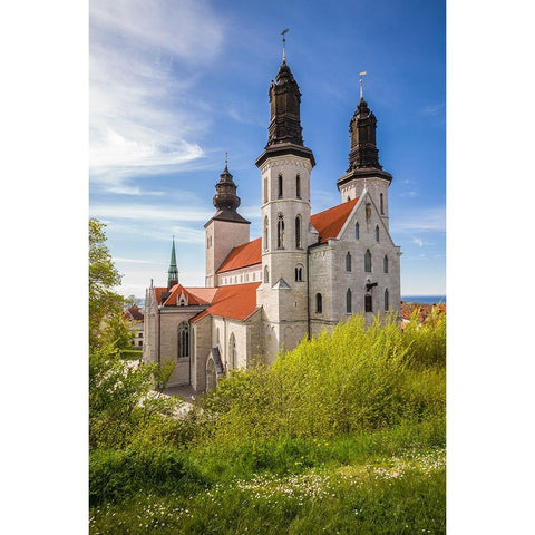 Sweden-Gotland Island-Visby-Visby Cathedral-12th century-exterior White Modern Wood Framed Art Print by Bibikow, Walter