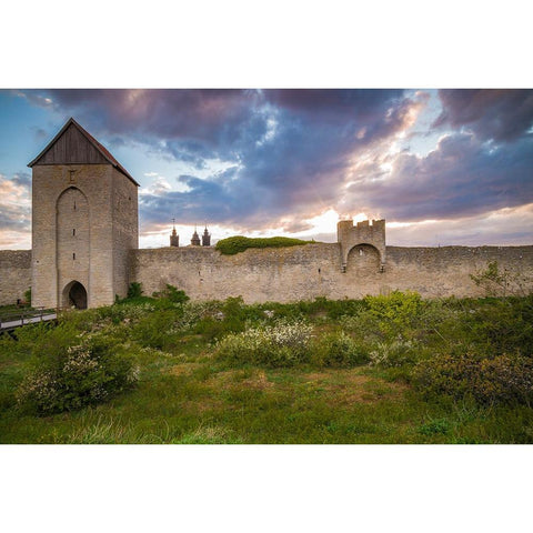 Sweden-Gotland Island-Visby-12th century city wall-most complete medieval city wall in Europe-Oster Black Modern Wood Framed Art Print by Bibikow, Walter