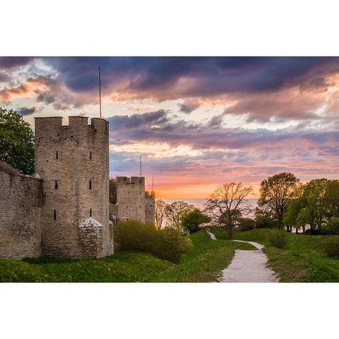 Sweden-Gotland Island-Visby-12th century city wall-most complete medieval city wall in Europe-sunse White Modern Wood Framed Art Print by Bibikow, Walter