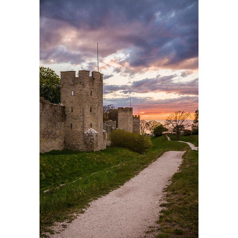 Sweden-Gotland Island-Visby-12th century city wall-most complete medieval city wall in Europe-sunse White Modern Wood Framed Art Print by Bibikow, Walter