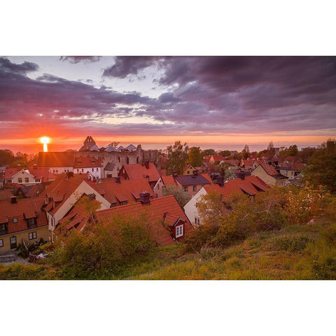 Sweden-Gotland Island-Visby-high angle city view-dusk Black Modern Wood Framed Art Print by Bibikow, Walter