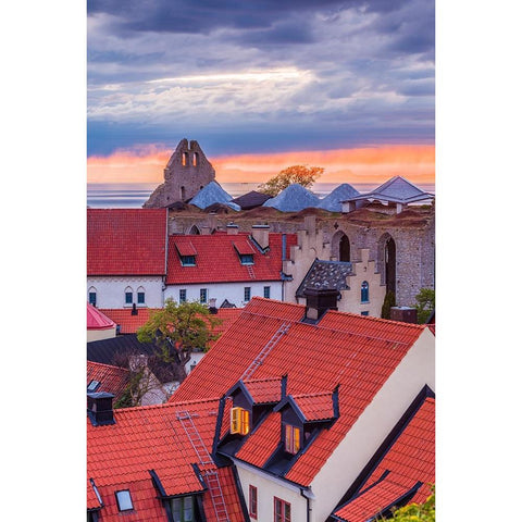 Sweden-Gotland Island-Visby-high angle city view-dusk White Modern Wood Framed Art Print by Bibikow, Walter