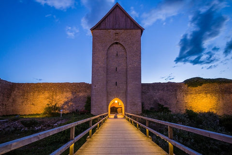 Sweden-Gotland Island-Visby-12th century city wall-most complete medieval city wall in Europe-Oster White Modern Wood Framed Art Print with Double Matting by Bibikow, Walter