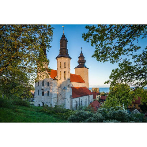 Sweden-Gotland Island-Visby-Visby Cathedral-12th century-exterior White Modern Wood Framed Art Print by Bibikow, Walter