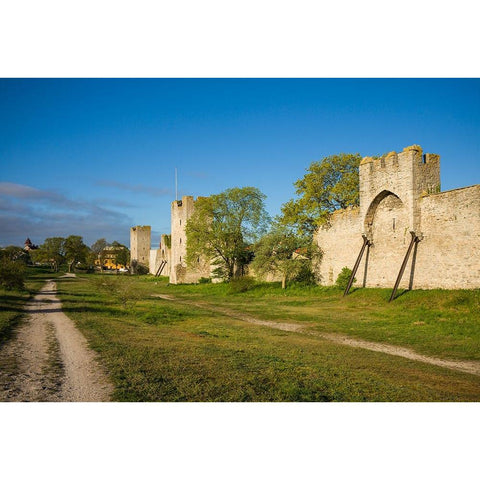 Sweden-Gotland Island-Visby-12th century city wall-most complete medieval city wall in Europe White Modern Wood Framed Art Print by Bibikow, Walter