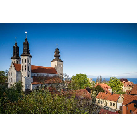 Sweden-Gotland Island-Visby-Visby Cathedral-12th century-exterior Black Modern Wood Framed Art Print by Bibikow, Walter