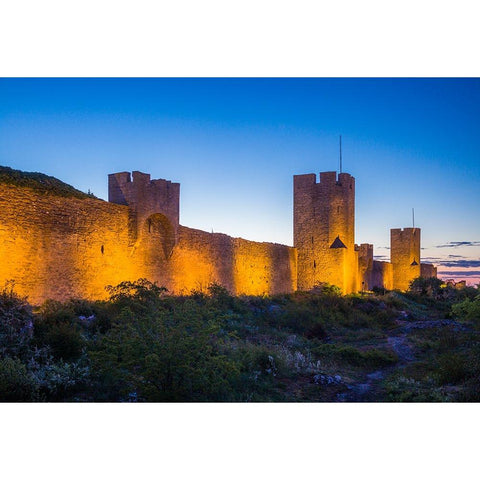 Sweden-Gotland Island-Visby-12th century city wall-most complete medieval city wall in Europe-dusk Black Modern Wood Framed Art Print by Bibikow, Walter