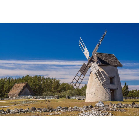Sweden-Faro Island-Eroskogs-old windmill Black Modern Wood Framed Art Print by Bibikow, Walter