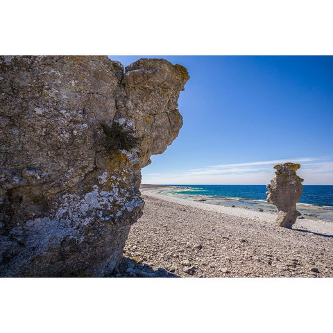 Sweden-Faro Island-Langhammars Area-Langhammar coastal limestone rauk rock Black Modern Wood Framed Art Print by Bibikow, Walter