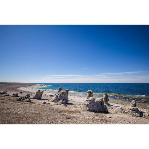 Sweden-Faro Island-Langhammars Area-Langhammar coastal limestone rauk rocks with visitors White Modern Wood Framed Art Print by Bibikow, Walter