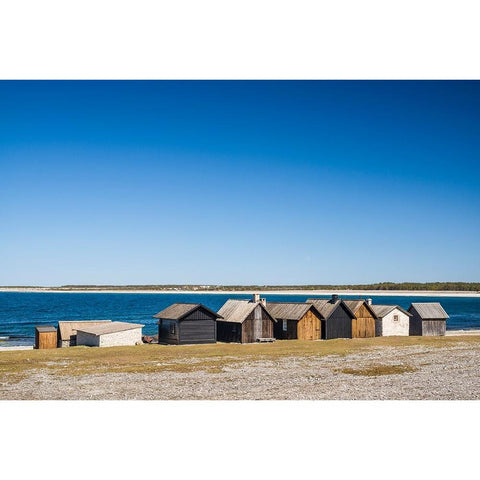 Sweden-Faro Island-Kursviken-coastal farmers fishing shacks Black Modern Wood Framed Art Print by Bibikow, Walter
