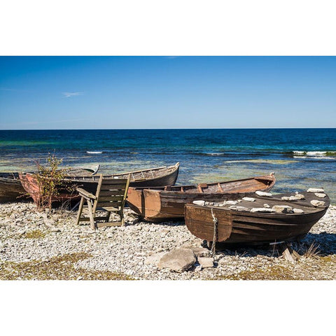 Sweden-Faro Island-Kursviken-coastal farmers fishing boats Black Modern Wood Framed Art Print with Double Matting by Bibikow, Walter