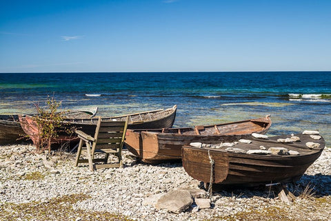 Sweden-Faro Island-Kursviken-coastal farmers fishing boats White Modern Wood Framed Art Print with Double Matting by Bibikow, Walter