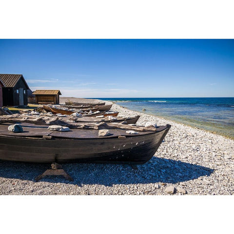 Sweden-Faro Island-Kursviken-coastal farmers fishing boats Black Modern Wood Framed Art Print with Double Matting by Bibikow, Walter