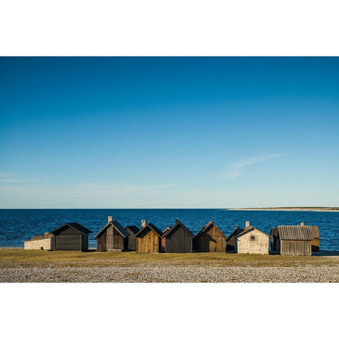 Sweden-Faro Island-Kursviken-coastal farmers fishing shacks-sunset Black Modern Wood Framed Art Print with Double Matting by Bibikow, Walter