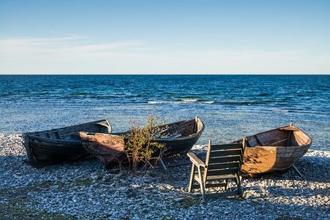 Sweden-Faro Island-Kursviken-coastal farmers fishing boats-sunset White Modern Wood Framed Art Print with Double Matting by Bibikow, Walter