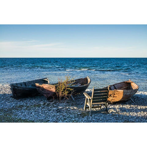 Sweden-Faro Island-Kursviken-coastal farmers fishing boats-sunset Black Modern Wood Framed Art Print by Bibikow, Walter