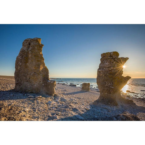 Sweden-Faro Island-Langhammars Area-Langhammar coastal limestone rauk rock-sunset Gold Ornate Wood Framed Art Print with Double Matting by Bibikow, Walter