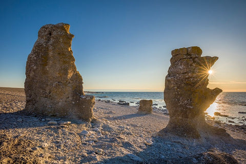 Sweden-Faro Island-Langhammars Area-Langhammar coastal limestone rauk rock-sunset White Modern Wood Framed Art Print with Double Matting by Bibikow, Walter