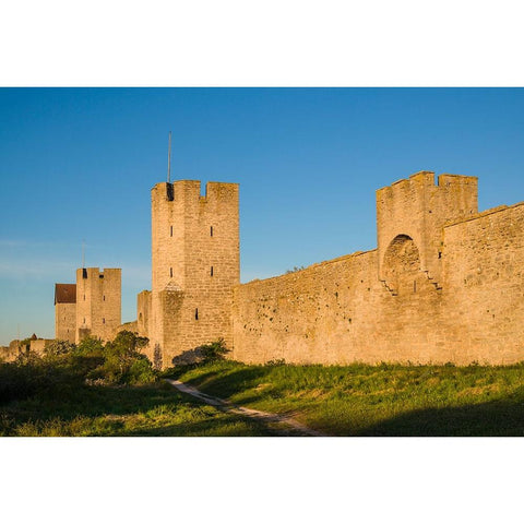 Sweden-Gotland Island-Visby-12th century city wall-most complete medieval city wall in Europe-dawn Black Modern Wood Framed Art Print by Bibikow, Walter