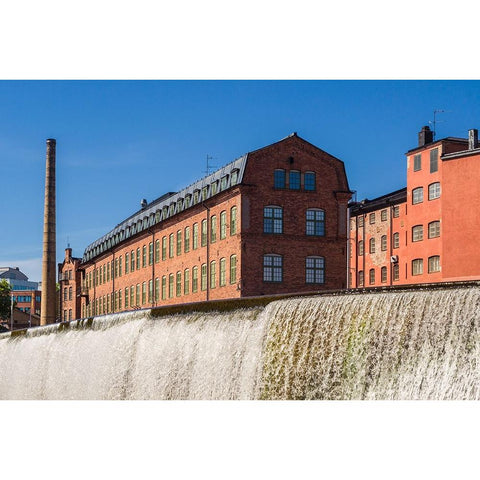 Sweden-Norrkoping-early Swedish industrial town-factory buildings and waterfall White Modern Wood Framed Art Print by Bibikow, Walter