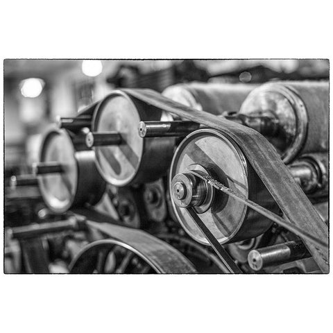 Sweden-Norrkoping-former mill town-19th century cloth loom pulleys Black Modern Wood Framed Art Print with Double Matting by Bibikow, Walter