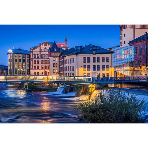 Sweden-Norrkoping-early Swedish industrial town-factory buildings-dusk Gold Ornate Wood Framed Art Print with Double Matting by Bibikow, Walter