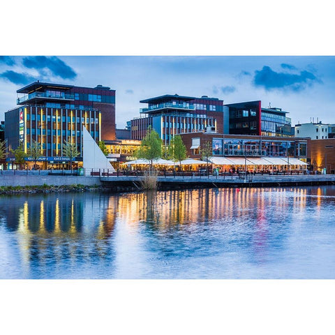 Sweden-Lake Vattern Area-Jonkoping-renovated harbor area along Munksjon Bay-dusk Black Modern Wood Framed Art Print by Bibikow, Walter