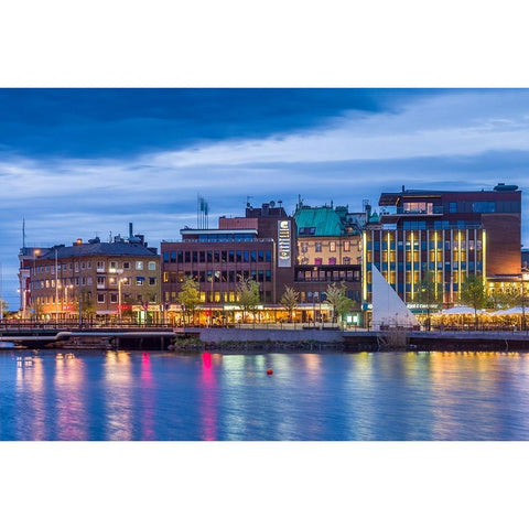 Sweden-Lake Vattern Area-Jonkoping-renovated harbor area along Munksjon Bay-dusk Black Modern Wood Framed Art Print with Double Matting by Bibikow, Walter